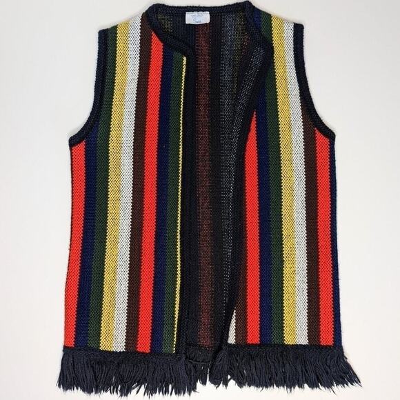 Vintage knit sweater vest cardigan hippie 70's red black stripe open front - Picture 2 of 5
